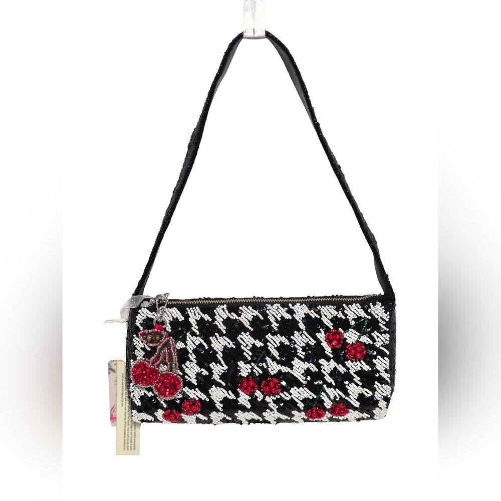 Hand Beaded Cherry & Houndstooth Shoulder Bag with Cherry Bag Charm - NWT